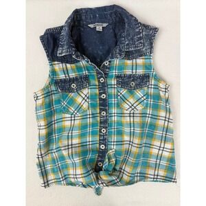 Bienzoe Girls Plaid Denim Sleeveless Button Up Shirt Size 8 7-8 Years